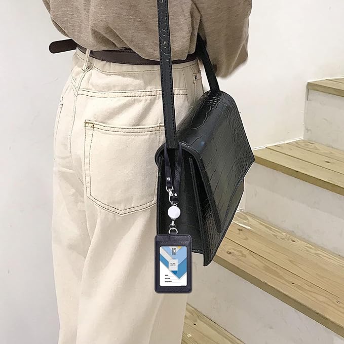 Wisdompro Badge Holder with Wrist Lanyard, 2-Sided PU Leather ID Card Holder Wallet Case with Wristlet Strap and Retractable Reel, Easy Swipe for Work, School, Metro and Access Card - Black