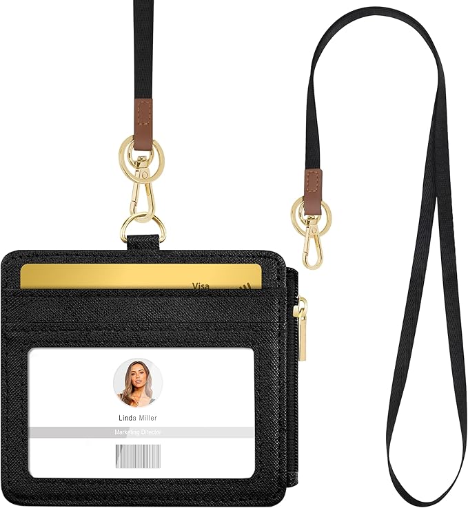 ID Badge Holder with Lanyard, Horizontal PU Leather ID Badge Card Holder with 1 Clear ID Window, 4 Credit Card Slots and a Detachable Neck Lanyard (Horizontal - Black)