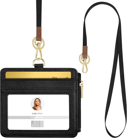 ID Badge Holder with Lanyard, Horizontal PU Leather ID Badge Card Holder with 1 Clear ID Window, 4 Credit Card Slots and a Detachable Neck Lanyard (Horizontal - Black)