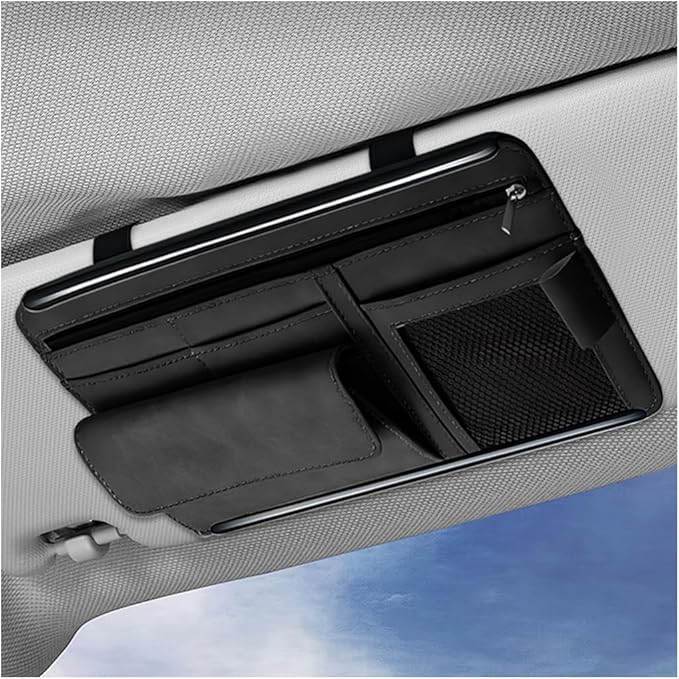 Sun Walker Car Sun Visor Organizer, Suede Leather Visor Storage Pouch Holder with Net Zipper, Multi-Pocket Vehicle Sunshade Organizer for Eyeglasses Card License Registration (Black)