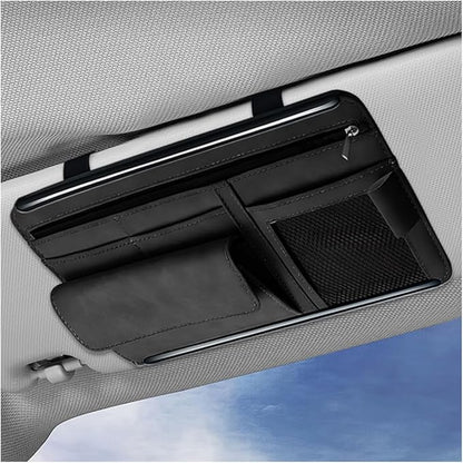 Sun Walker Car Sun Visor Organizer, Suede Leather Visor Storage Pouch Holder with Net Zipper, Multi-Pocket Vehicle Sunshade Organizer for Eyeglasses Card License Registration (Black)