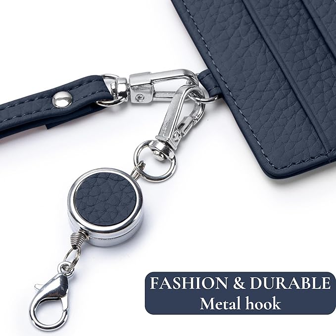 Leather Lanyard Wallet with ID Badge Holder, Minimalist Wallet for Women & Men, Women's ID Case with Zipper Pocket, Breakaway Lanyard & Retractable Reel Clip for Teacher Nurse Student (Dark Blue)