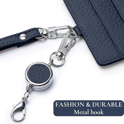 Leather Lanyard Wallet with ID Badge Holder, Minimalist Wallet for Women & Men, Women's ID Case with Zipper Pocket, Breakaway Lanyard & Retractable Reel Clip for Teacher Nurse Student (Dark Blue)