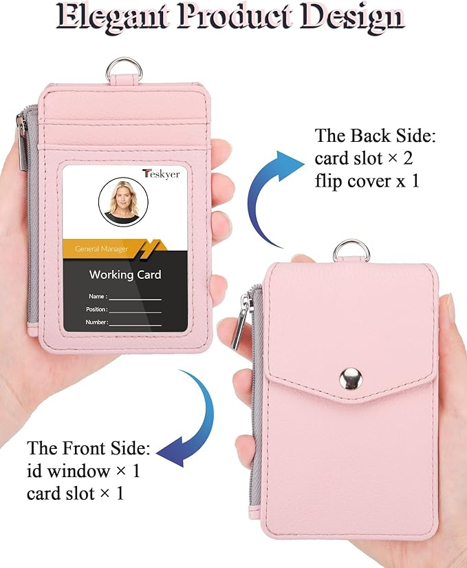 Teskyer Badge Holder with Side Zip Pocket, Multiple Card Slots Leather ID Holder Wallet with Neck Lanyard for Office Staffs, School, Workers, Cruise Cards, Metro Cards, Lichee Light Pink