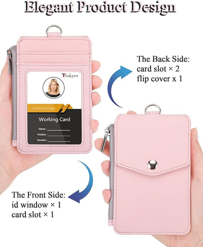 Teskyer Badge Holder with Side Zip Pocket, Multiple Card Slots Leather ID Holder Wallet with Neck Lanyard for Office Staffs, School, Workers, Cruise Cards, Metro Cards, Lichee Light Pink