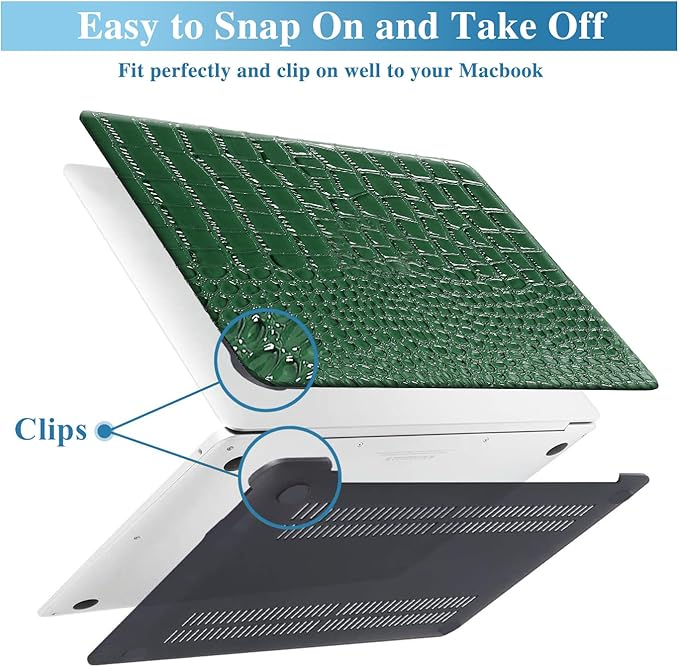 KEROM Compatible for Crocodile MacBook Pro 13 Inch Case 2026 2022-2016 M2 M1 A2338 A2289 A2251 A2159 A1989 A1706 A1708, Textured Aligator Skin Snakeskin PU Leather Case & Keyboard Cover, Emerald Green