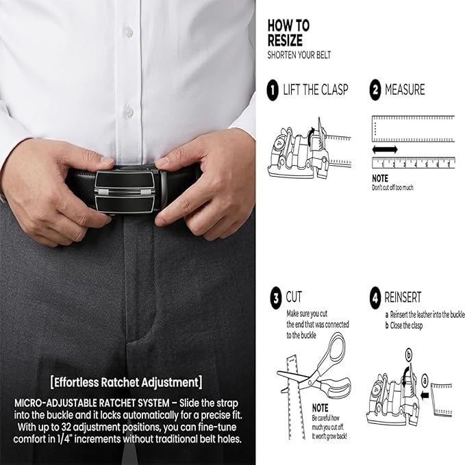 JINIU Men's Ratchet Belt Buckle, Black Genuine Leather Slide Belt for Men Dress Suit, Micro Adjustable Trim to Fit Boxed