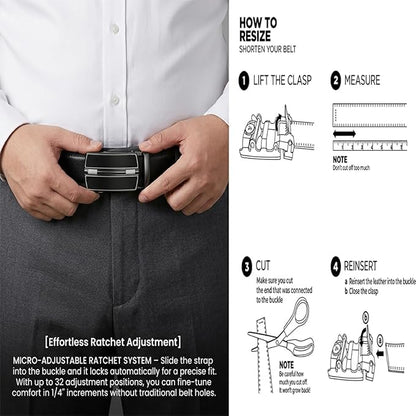 JINIU Men's Ratchet Belt Buckle, Black Genuine Leather Slide Belt for Men Dress Suit, Micro Adjustable Trim to Fit Boxed