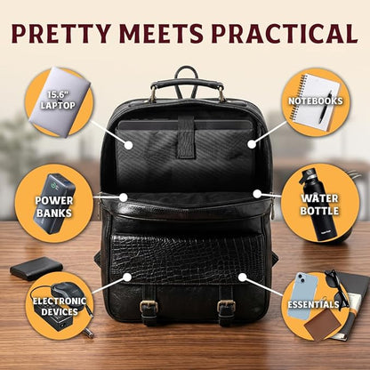 15.6" Luxury Black Leather Laptop Backpack for Men & Women. Leather Bag for Professional Use in Office & Business