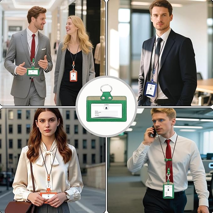 Badge Holder: Boshiho Cowhide Leather ID Badge Card Holder with 19" Neck Lanyard, Horizontal Style (Green-Gray)