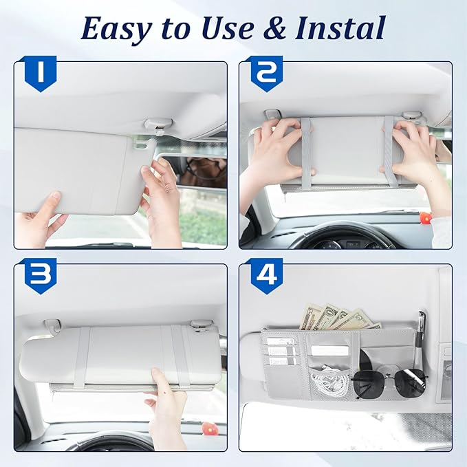 Amiss Car Sun Visor Organizer with Double Zippers, Multi-Pockets for Glasses, Pens, Cards & Documents, Universal Storage Pouch Fits Most Cars, SUVs and Trucks, Car Interior Accessories (Gray)