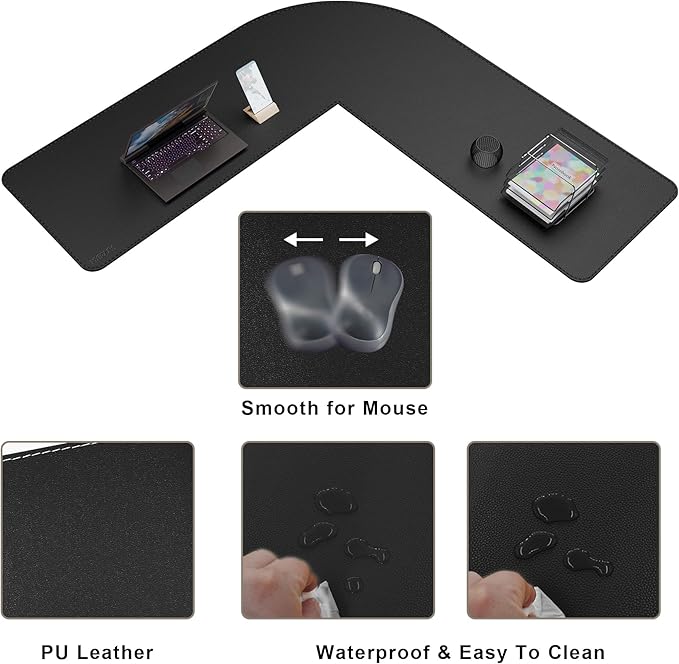 Mydours 57" x 57" x 20" L Shaped Desk Pad (Black), Extra Large Dual-Sided PU Leather Corner Desk Mat Protector for Home Office Computer Gaming