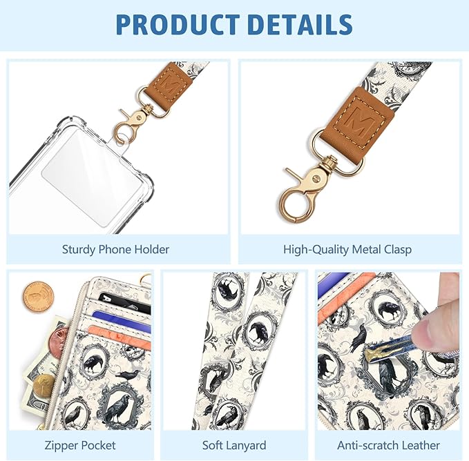 Piefly Goth Crow Lanyard Wallet with ID Badge Holder, Small RFID Wallet Women Keychain Wristlet, Slim Credit Card Holder Case with Zipper Pocket Phone Lanyard Wrist Strap Name Tag Office Teacher Gift