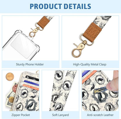 Piefly Goth Crow Lanyard Wallet with ID Badge Holder, Small RFID Wallet Women Keychain Wristlet, Slim Credit Card Holder Case with Zipper Pocket Phone Lanyard Wrist Strap Name Tag Office Teacher Gift