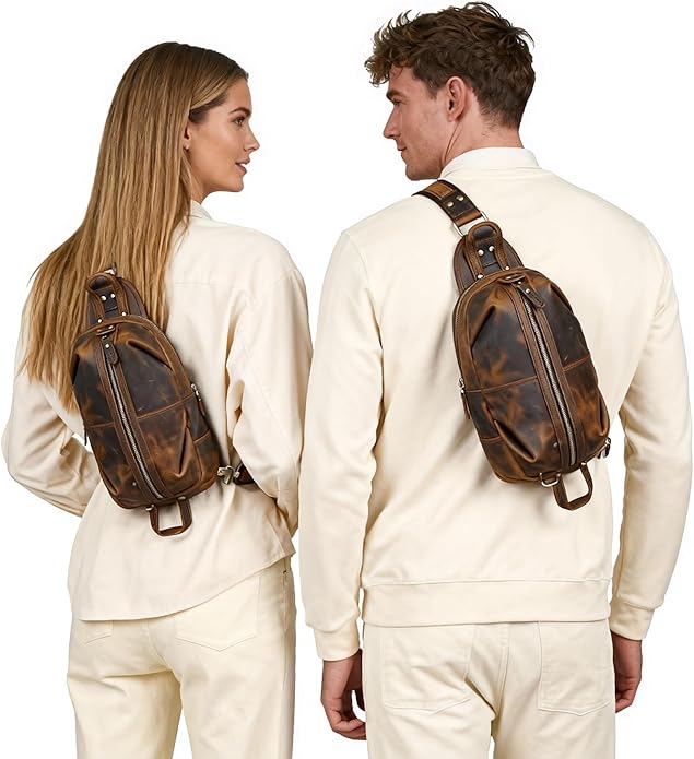 Thick Crazy horse Leather Triangle Crossbody Sling Chest Bag Travel One Shoulder Bag Daypack For Men Male 3028