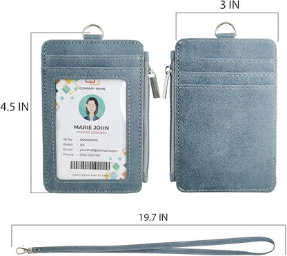 Blue Lanyard Wallet for ID Badges with Long Neck Lanyards and Wristlet Strap, Vertical PU Leather Badge Holder Case with Zipper Pocket for Offices ID, School ID, Driver Licence