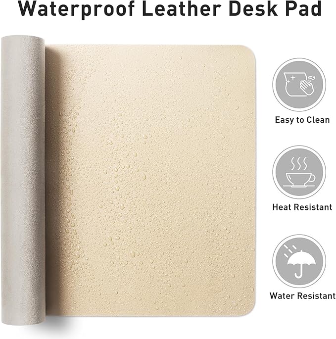 Aothia Faux Leather Desk Mat - Non-Slip PU Leather Desk Blotter, Waterproof Writing Surface, Large Desk Pad for Office & Home (Beige, 55" x 24")