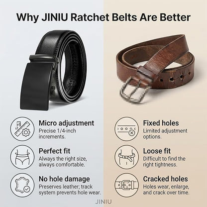 JINIU Men's Ratchet Belt Buckle, Black Genuine Leather Slide Belt for Men Dress Suit, Micro Adjustable Trim to Fit Boxed