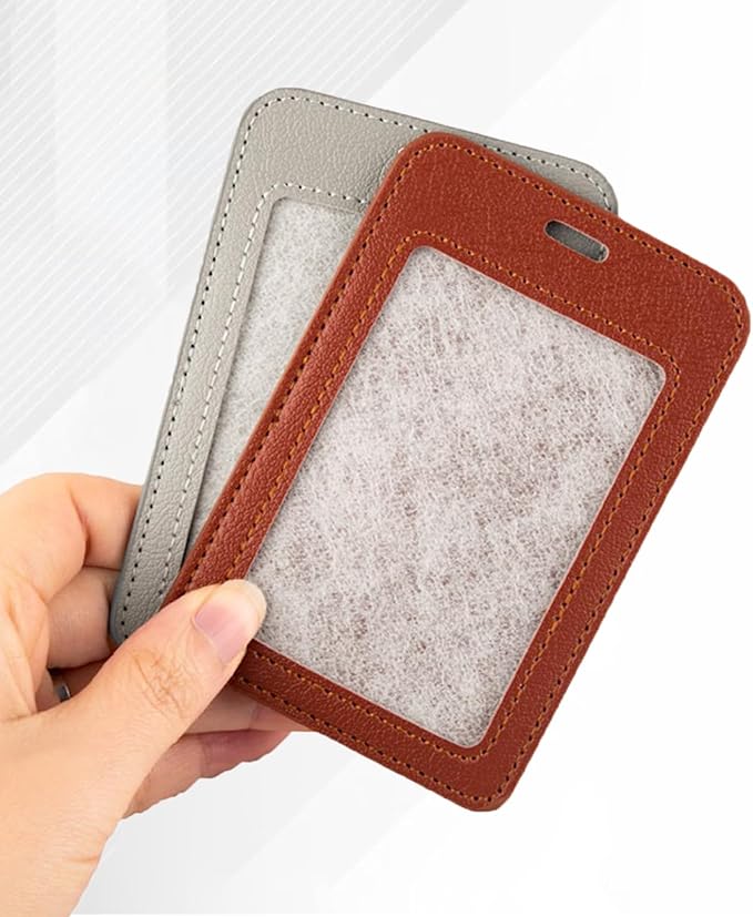 2 Pcs Leather ID Badge Holders, Vertical, Brown, Multiple Card Slots for Offices, Staff, Students, Employees