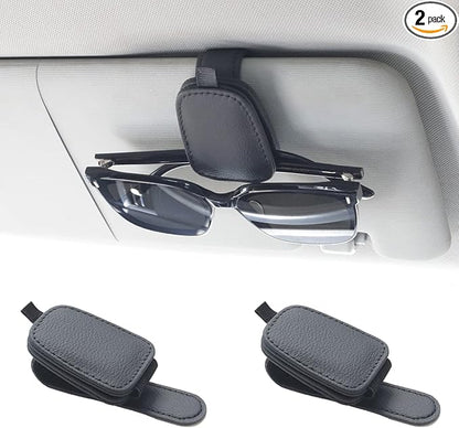 Yuoyar Sunglass Holder for Car, Magnetic Leather Sunglasses Holder and Ticket Card Clip, Car Visor Accessories, 2 Packs (Black)