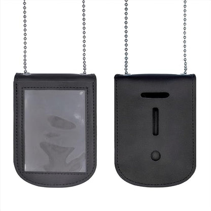 Police Badge Holder Made of Cowhide Universal Black with Leather Belt Buckle Hook Buckle and Stainless Steel Bead Chain Law Enforcement Officer Gifts Rectangular