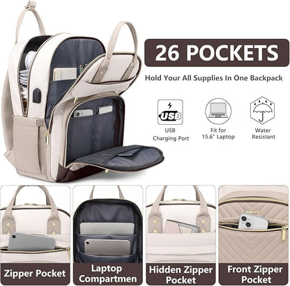 Laptop Backpack for Women Work Bag - 15.6 inch Travel Backpack Purse with USB Charger College Bookbag Waterproof Cute Casual Daypack Fashion Business Computer Backpacks for Teacher Nurse Beige Nude