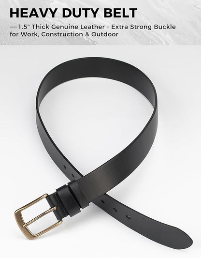 Mens Heavy Duty Full Grain Leather Belt - 1 1/2 Italian Genuine Leather with Sturdy Buckle for Jeans Casual Pants