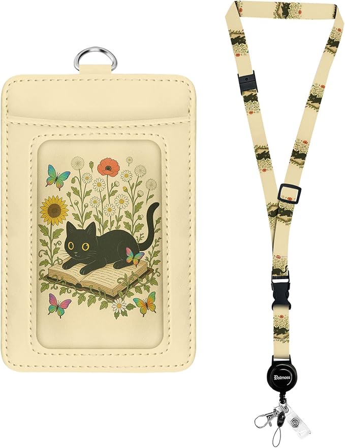 bolimoss Book Cat ID Card Holder with Detachable Neck Lanyard, PU Leather ID Name Badge Card Holder with Retractable Badge Reels, Cute Adjustable Lanyard with Safety Quick Release Buckles for Teacher