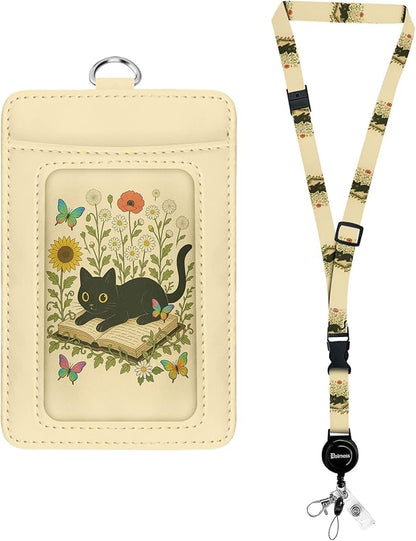 bolimoss Book Cat ID Card Holder with Detachable Neck Lanyard, PU Leather ID Name Badge Card Holder with Retractable Badge Reels, Cute Adjustable Lanyard with Safety Quick Release Buckles for Teacher