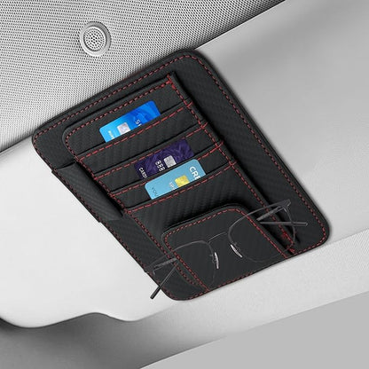 Small Leather Sun Visor Organizer, Visor Accessories, Multi-Pocket Sunvisor Storage with Sunglass Holder, Car Organizer for Drving License Card Pen Fits Most Vehicles (Carbon Fiber/Red Wire)