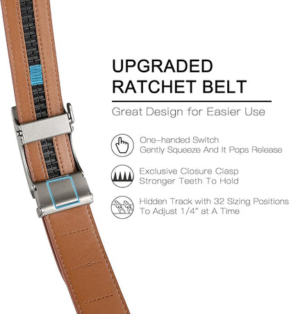 SENDEFN Men's Leather Belt - Automatic Ratchet Slide Buckle, Easy Trim-to-Fit Function, Packaged with Gift Box