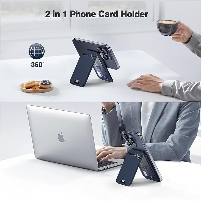 QYQBOON Magnetic Wallet for iPhone - Mag-Safe Wallet Lightweight Magnetic Phone Stand Adjustable Leather Card Holder for iPhone 17/16/15/14/13/12 Series, Not for Mini (Dark Blue)