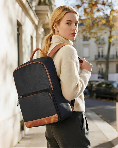 SYTRAH Leather Backpack for Women, Vintage 15.6 inch Laptop Backpack Purse for Women, College Casual Backpacks Ladies Computer Bags for Travel Business Work Black Brown