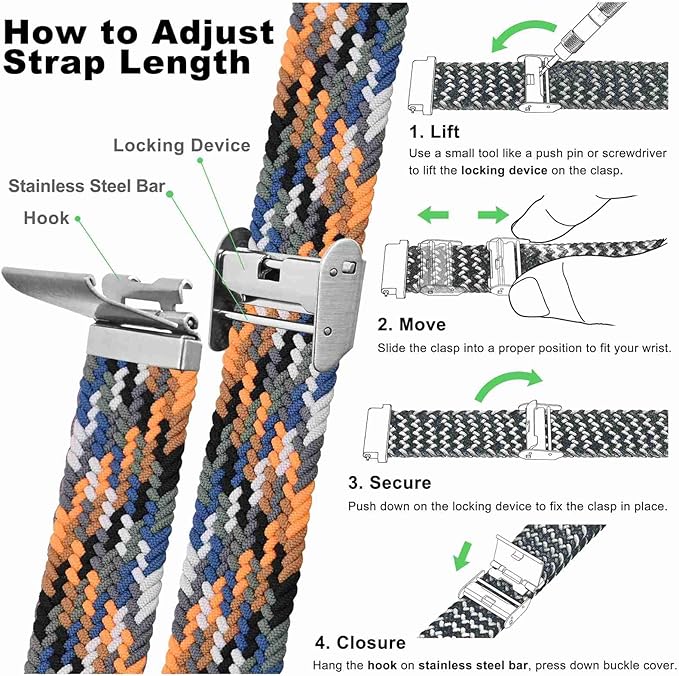 WOCCI 22mm Braided Nylon Watch Band for Men and Women, Quick Release, Silver Stainless Steel Buckle (Camo)