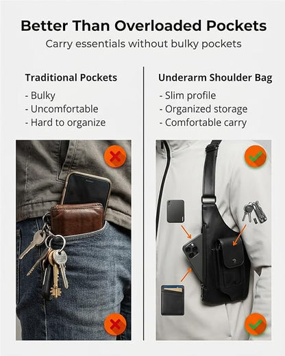 Leather Underarm Shoulder Bag Adjustable Strap Crossbody Chest Sling Satchel Multi Pocket Travel Everyday Vintage Classic