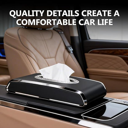 Faux Leather Car Tissue Holder for Interior, Multi-Function Tissue Box, Armrest & Back Seat Tissue Organizer, Sleek Kleenex Holder (Black Flat)