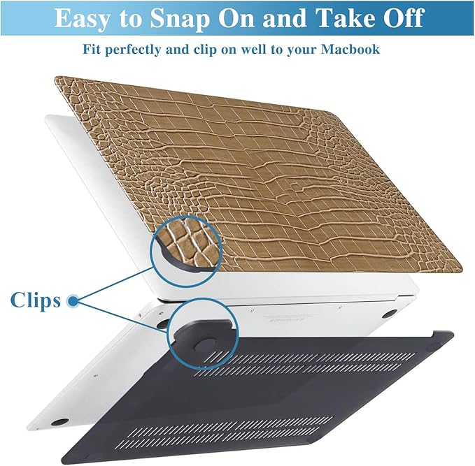 KEROM Compatible for Crocodile MacBook Pro 13 Inch Case 2025-2016 M2 M1 A2338 A2289 A2251 A2159 A1989 A1706 A1708, Textured Elegant Aligator Skin Snakeskin PU Leather Hardshell & Keyboard Cover, Brown