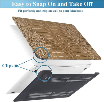 KEROM Compatible for Crocodile MacBook Pro 13 Inch Case 2025-2016 M2 M1 A2338 A2289 A2251 A2159 A1989 A1706 A1708, Textured Elegant Aligator Skin Snakeskin PU Leather Hardshell & Keyboard Cover, Brown