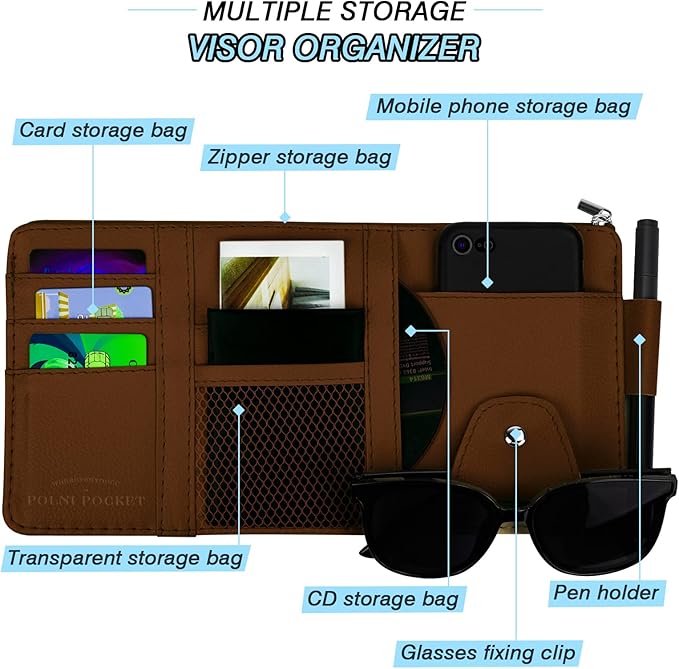 Car Sun Visor Organizer, Leather Pocket Organizer Sunglass Holder for Car Interior Accessories with Multi-Pocket Net Zipper (Brown)