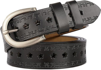 INOGIH Women Vintage Floral Engraved Embossed Genuine Western Leather Belt for Jeans Dresse