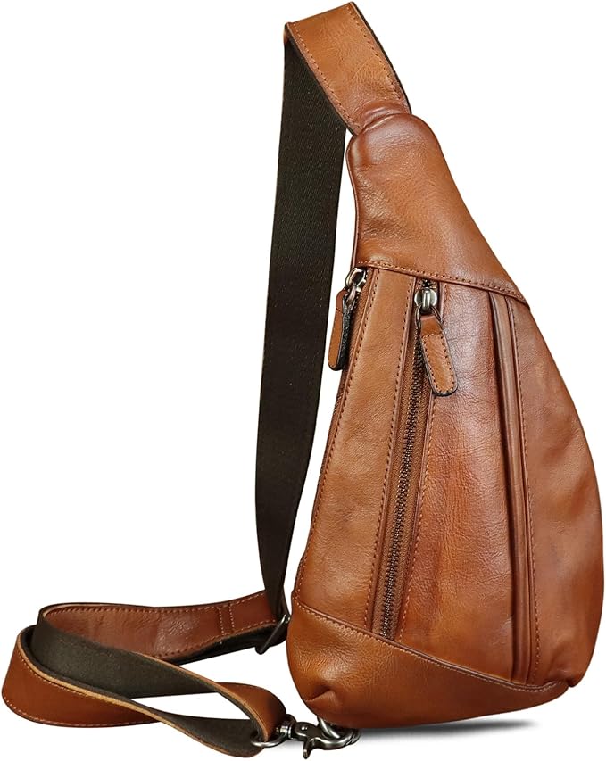 Genuine Leather Sling Bag for Men and Women Vintage Real Leather Crossbody Chest Bags Backpack Purse for Travel Hiking