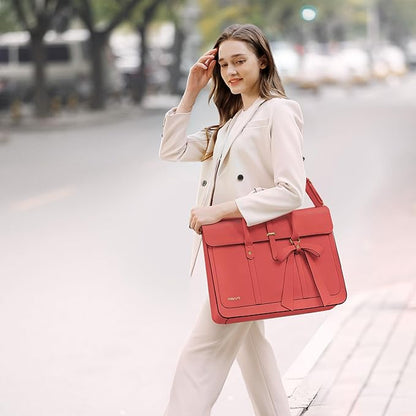 MOSISO Laptop Bag for Women, 15-15.6 inch PU Leather Laptop Shoulder Bags Convertible Backpack, 16 inch Messenger Bags Casual Handbag Work Briefcase Travel Computer Bag with Bowknot, Coral