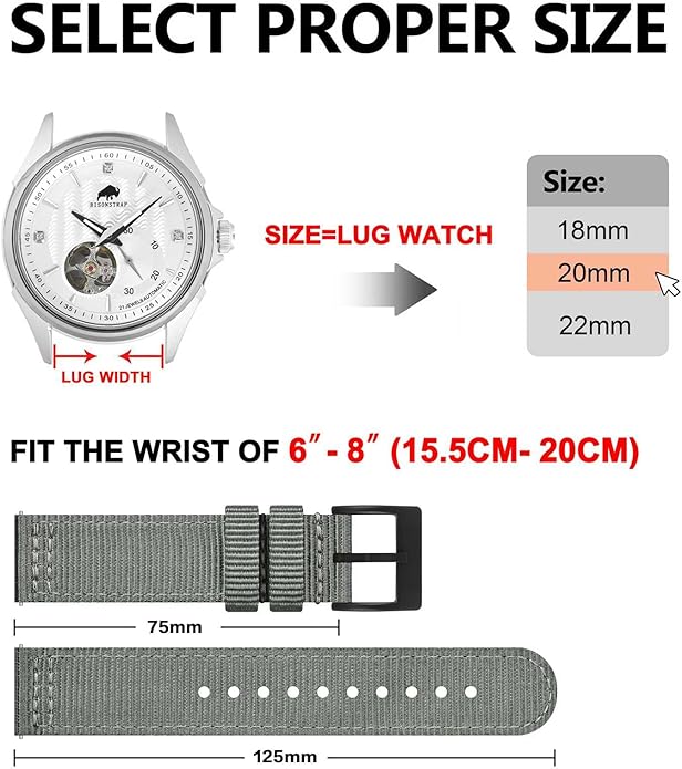 BISONSTRAP Men’s Nylon Watch Bands, Two-Piece Military Watch Straps, Quick Release, Brushed Buckle, Band Width 18mm 19mm 20mm 22mm