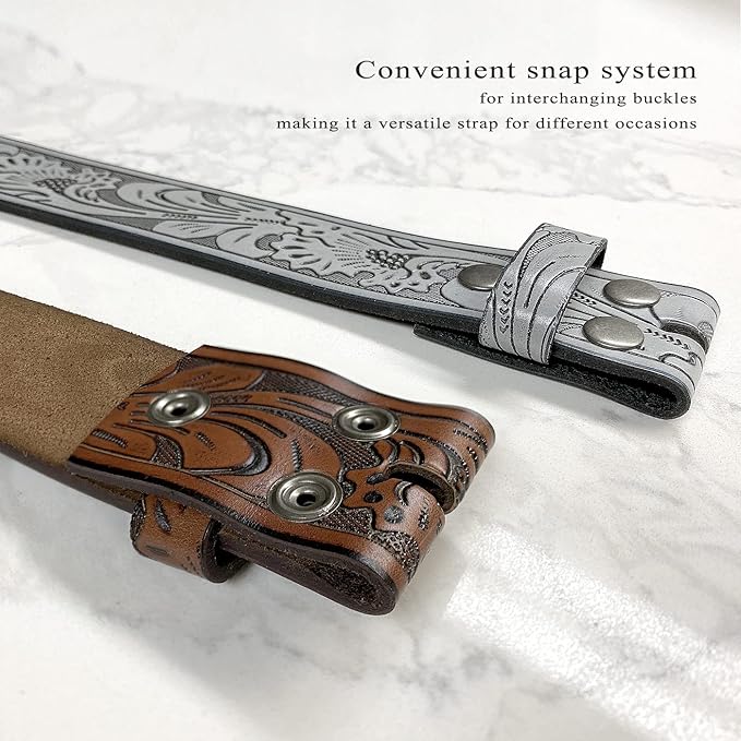 Western Floral Engraved Embossed Tooled Genuine Leather Belt Strap or Belt 1-1/2"(38mm) Wide, Multi-Style Options