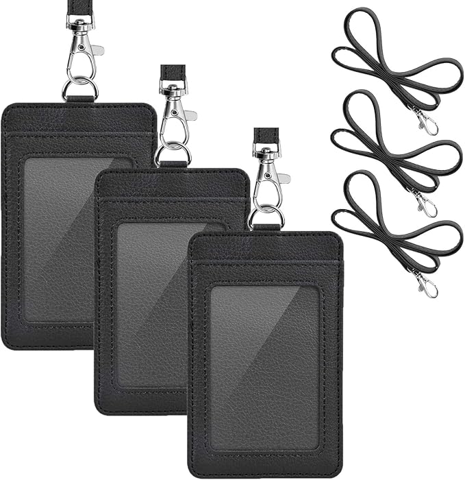 3 Pack PU Leather ID Badge Holder, Life-Mate ID Badge Holder with 1 Clear ID Window 1 Credit Card Slot and PU Leather Lanyard for Badge Credit Cards College ID Cards in Black