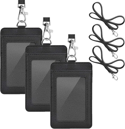 3 Pack PU Leather ID Badge Holder, Life-Mate ID Badge Holder with 1 Clear ID Window 1 Credit Card Slot and PU Leather Lanyard for Badge Credit Cards College ID Cards in Black