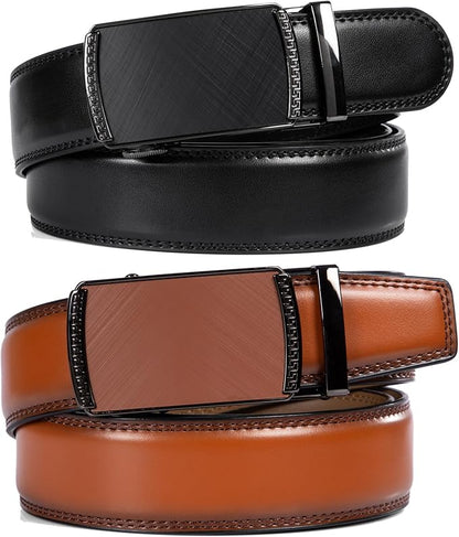 Founders & C Mens Belt 2 Pack,Leather Ratchet Click Belt Dress with Slide Buckle 1 3/8" in Gift Set Box- Size Adjustable