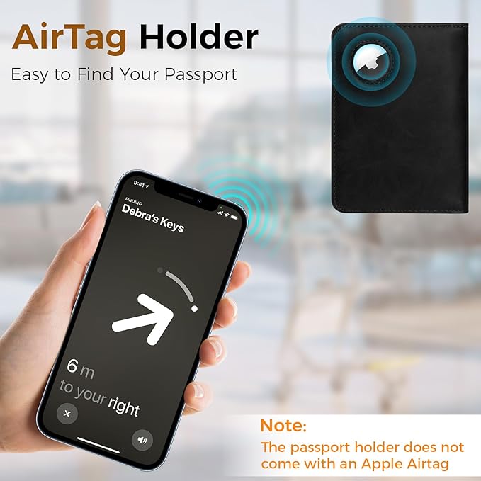 Passport Holder for Travel Women Men - Passport Cover Wallet with Airtag Slot - RFID Blocking PU Leather Passport Holder Case with Card Holder, Pen Slot - Black