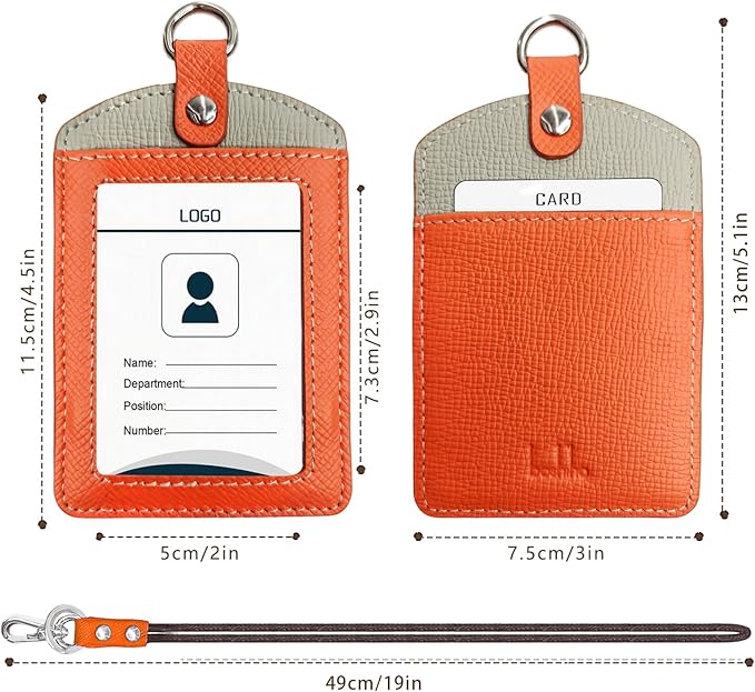 Badge Holder: Boshiho Cowhide Leather ID Badge Card Holder with 19" Neck Lanyard, Vertical Style (Orange-Light Gray)