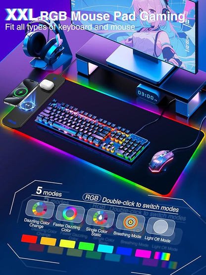 Magnetic Charging Mouse Pad 31.5x15.75, 15W Fast Wireless Charging Desk Mat, XXL Desk Pad RGB Gaming Mousepad, Home Office Large Keyboard Pad with Ultra-Smooth Surface, Non-Slip Base